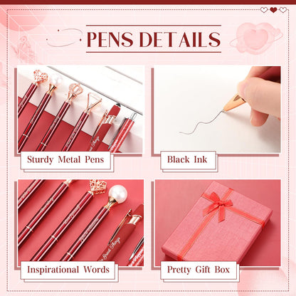Qeeenar 6 Pcs Fancy Pens for Women Crystal Diamond Pen for Journaling Pretty Glitter Ballpoint with Box Inspirational Gifts for Women Girls College Students Cute Back to School Gifts(Red)