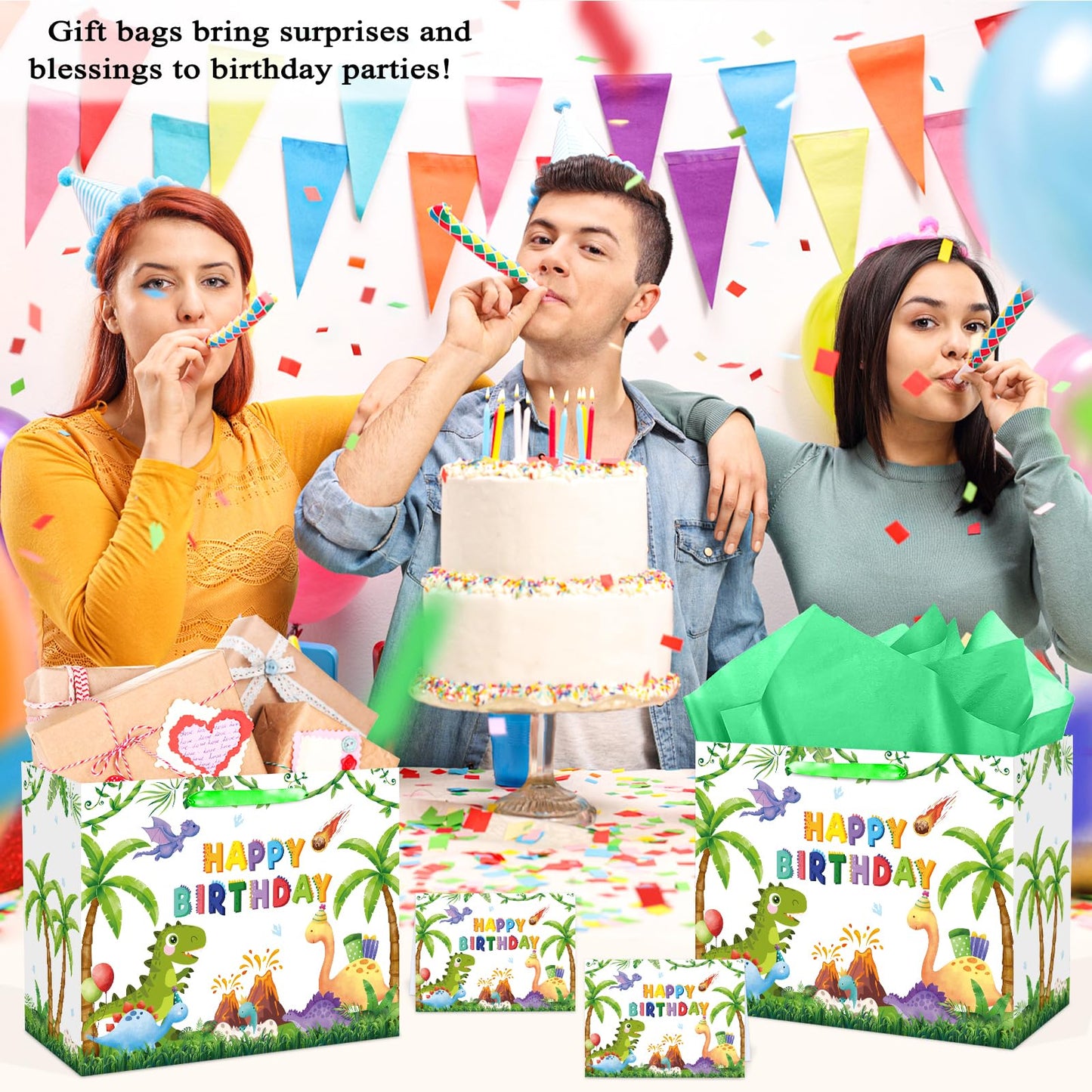 QISOLIY Dinosaur Birthday Gift Bag for Kids Boys Happy Birthday Gift Bag with Tissue Paper and Greeting Card, Cute Dino Party Favor Bag for Children, Party Present Wrapping Bag with Handle