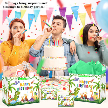 QISOLIY Dinosaur Birthday Gift Bag for Kids Boys Happy Birthday Gift Bag with Tissue Paper and Greeting Card, Cute Dino Party Favor Bag for Children, Party Present Wrapping Bag with Handle