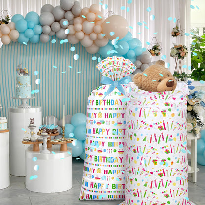 Teling 2 Pcs Large Birthday Plastic Gift Bags 70 x 40 Oversized Plastic Storage Bags with 2 Rolls Ribbons for Birthday Party, New Parents Shower, Bicycle Bike, Holiday