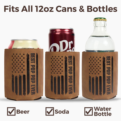 Best Pop Pop Gifts – Funny PU Leather Can Cooler Sleeve for PopPop from Grandkids, Fathers Day Birthday Christmas Gift Idea, Fits 12 Oz Cans