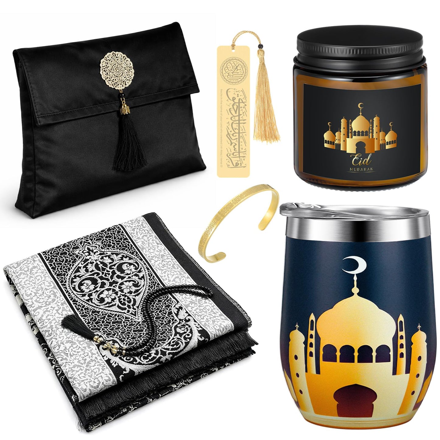 Geiserailie 8 Pcs Islamic Ramadan Eid Gifts Set Include Prayer Rug with Prayer Bead and Portable Bag Quran Metal Bookmark Tumbler Scented Candle Bracelet Box for Men Women Eid Holidays New Year Gifts