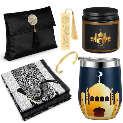 Geiserailie 8 Pcs Islamic Ramadan Eid Gifts Set Include Prayer Rug with Prayer Bead and Portable Bag Quran Metal Bookmark Tumbler Scented Candle Bracelet Box for Men Women Eid Holidays New Year Gifts