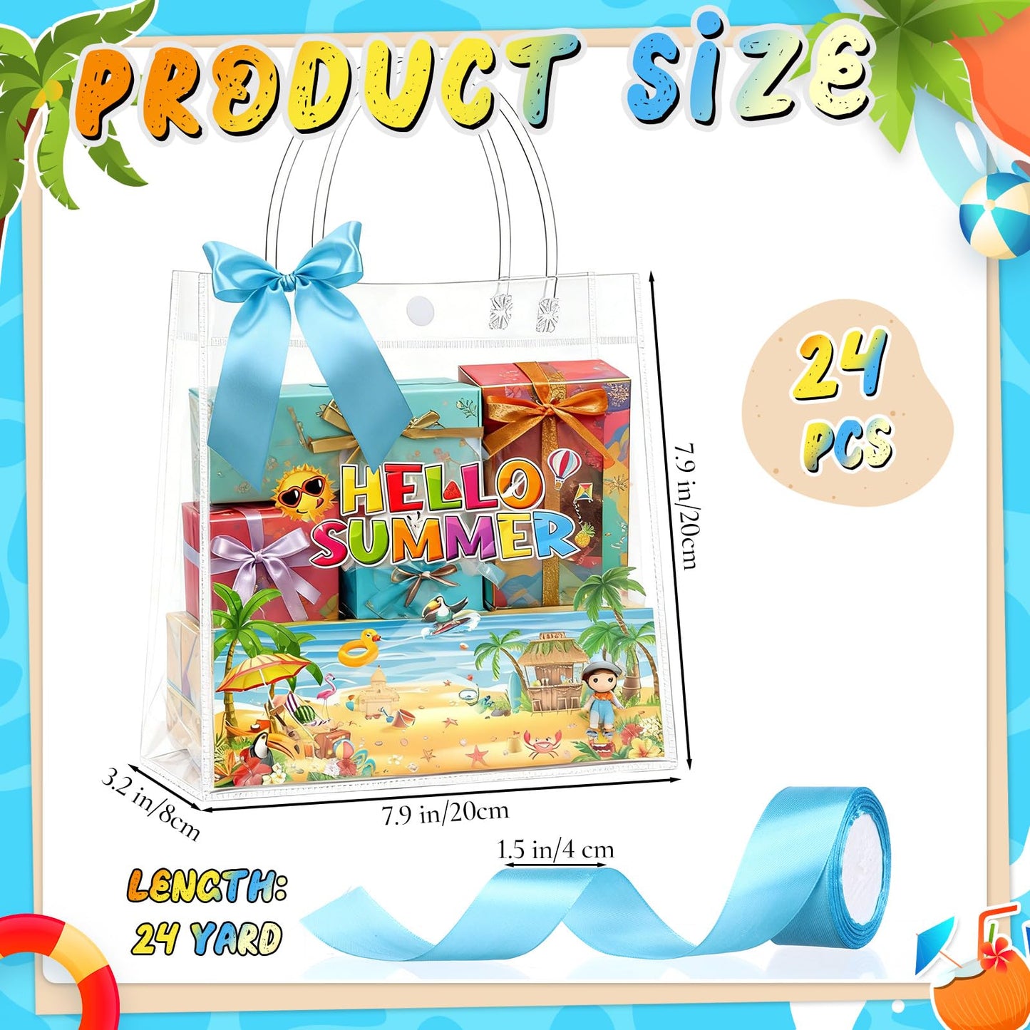 Tatuo 24 Pcs Hello Summer Gift Bags 7.9 x 3.2 x 7.9 Clear PVC Beach Bag with Handles Ribbon Bows Waterproof Goodie Candy Treat Tote for Summer Pool Beach Tropical Birthday Party Favors Supplies