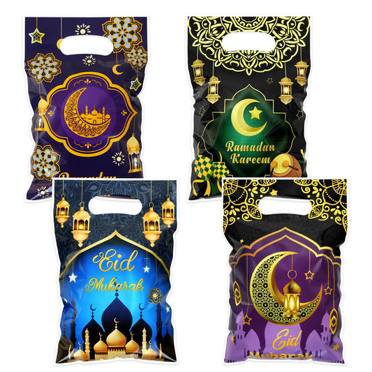 50pcs Eid Mubarak Gift Bags with Die Cut Handles, 4 designs - Golden Crescent Moon Lantern Muslim Mosque Print Goodie Candy Snack Plastic Gift Bags Pouch for Eid Al-fitr Ramadan Islamic Diwali Party