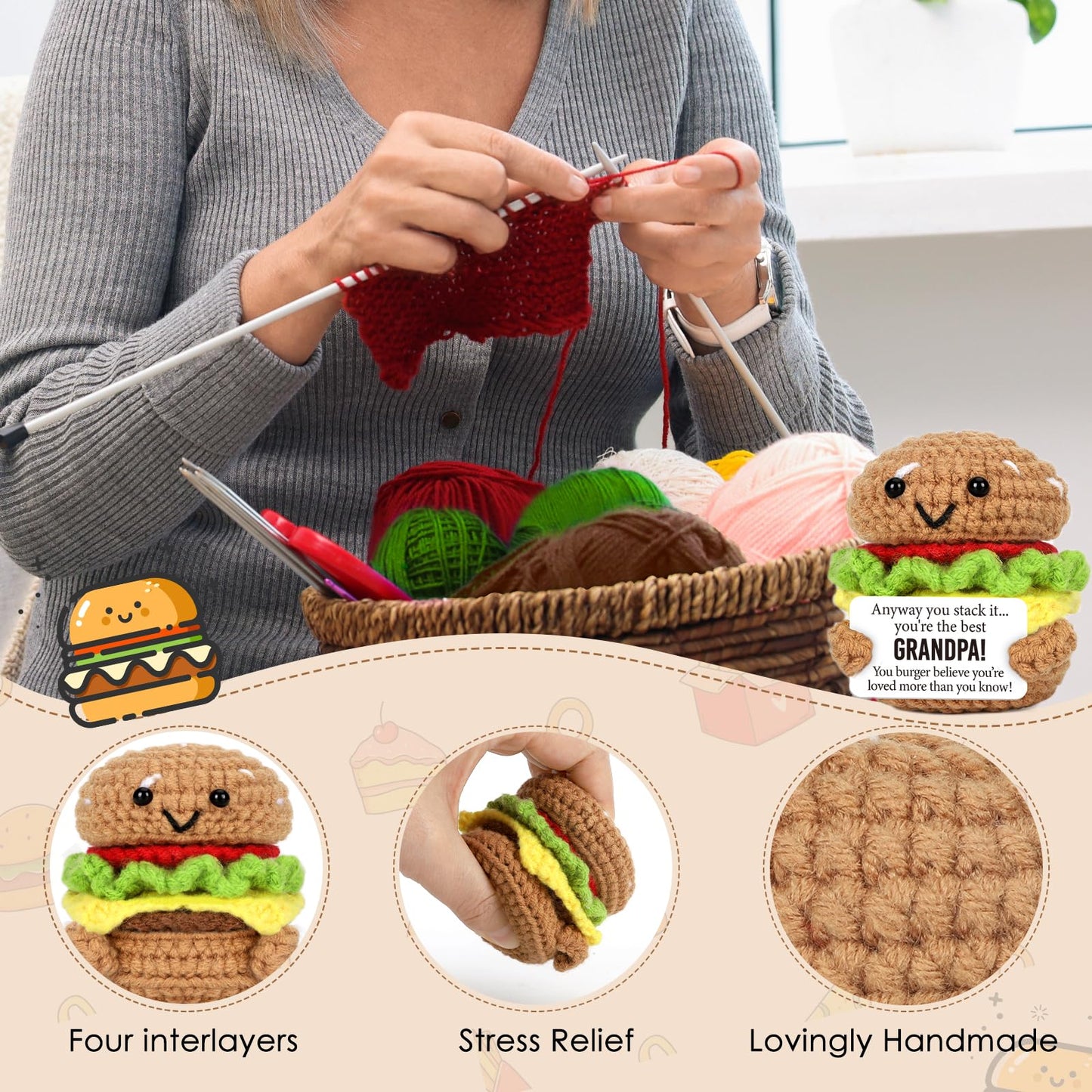 Mini Fathers Day Birthday Gifts for Grandpa from Granddaughter Grandson Handmade Crochet Burger Birthday Gifts for Grandfather Thank You Gift for Papa New Grandfather Bonus from Grandkids