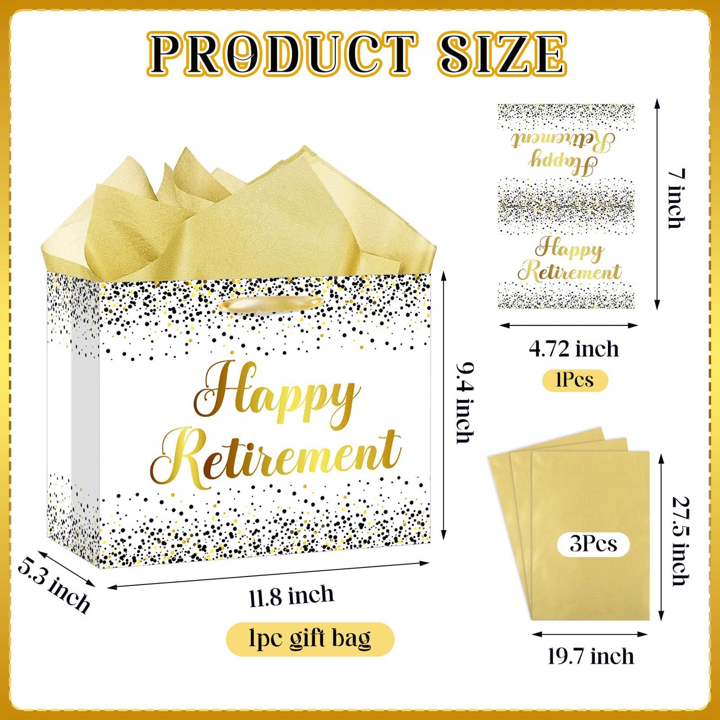 Woosytoo Retirement Gift Bag for Men Women, White Gold Happy Retirement Gift Bag with Card and Tissue Paper for Office Coworker Going Away Farewell Party Gifts Wrapping Supplies