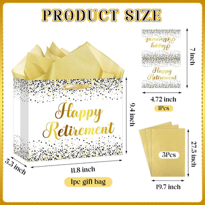 Woosytoo Retirement Gift Bag for Men Women, White Gold Happy Retirement Gift Bag with Card and Tissue Paper for Office Coworker Going Away Farewell Party Gifts Wrapping Supplies