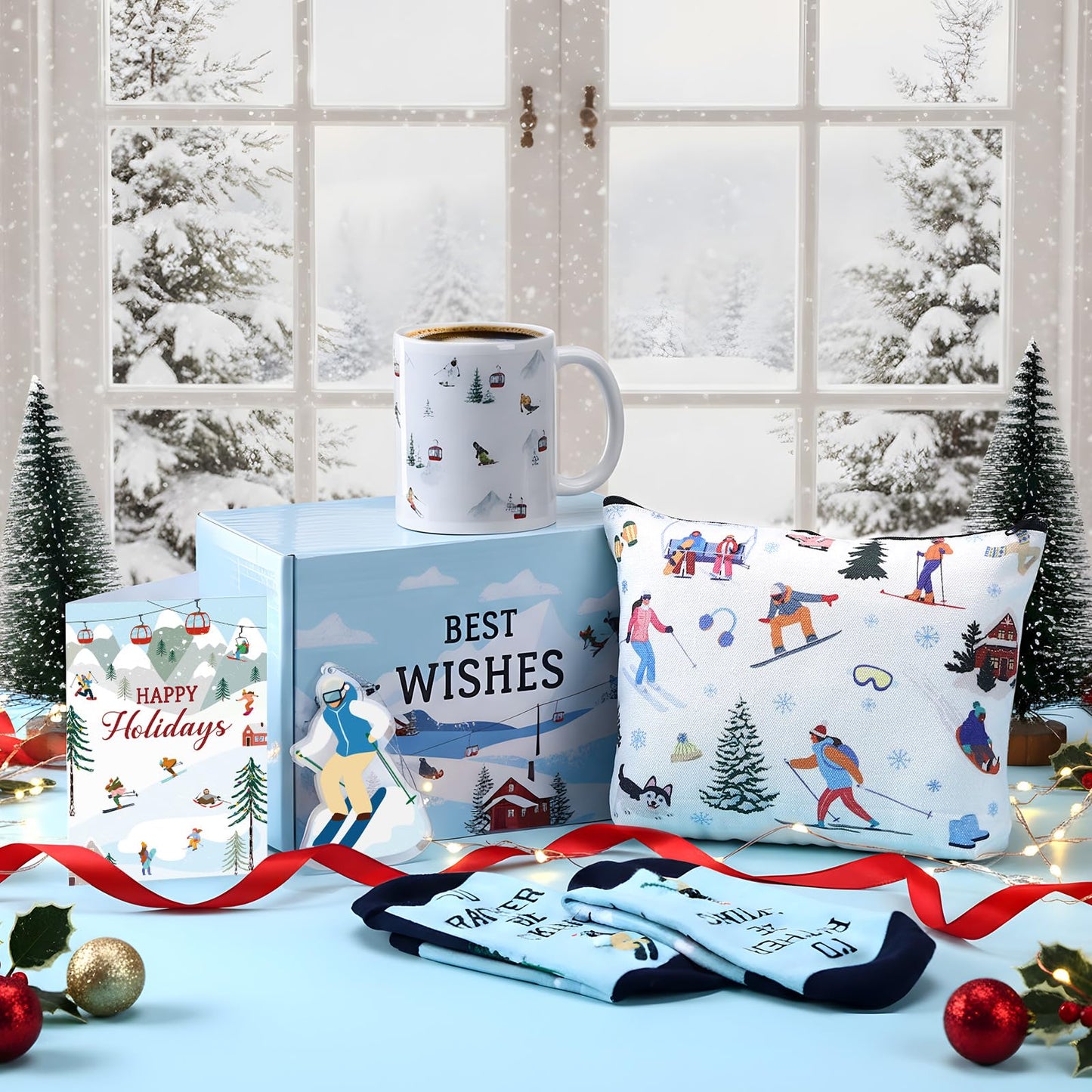 Potchen 6 Pcs Ski Gifts Set Winter Skiing Ceramic Mug, Socks for Skiers, Makeup Bag, Card, Acrylic Christmas Ornament and Box Skiing Accessories for Ski Lovers Women Men Snowboarder