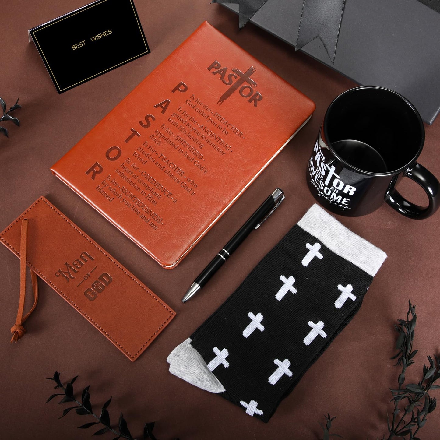 7 Pcs Pastor Appreciation Gift for Men Christian Pastor Gift Includes Leather Journal Man of God Bookmark Pen 11 oz Coffee Mug Cross Crew Socks Box for Birthday Fathers Day(Brown and Black)
