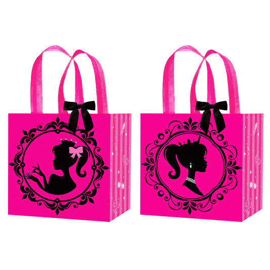 C L cooper life 12pcs Hot Pink Girl Party Gift Treat Bags with Handles Pink Girl Grocery Shopping Bag Princess Theme Non-Woven Bags for Girls Birthday Party Ladies Bachelorette Party Supplies