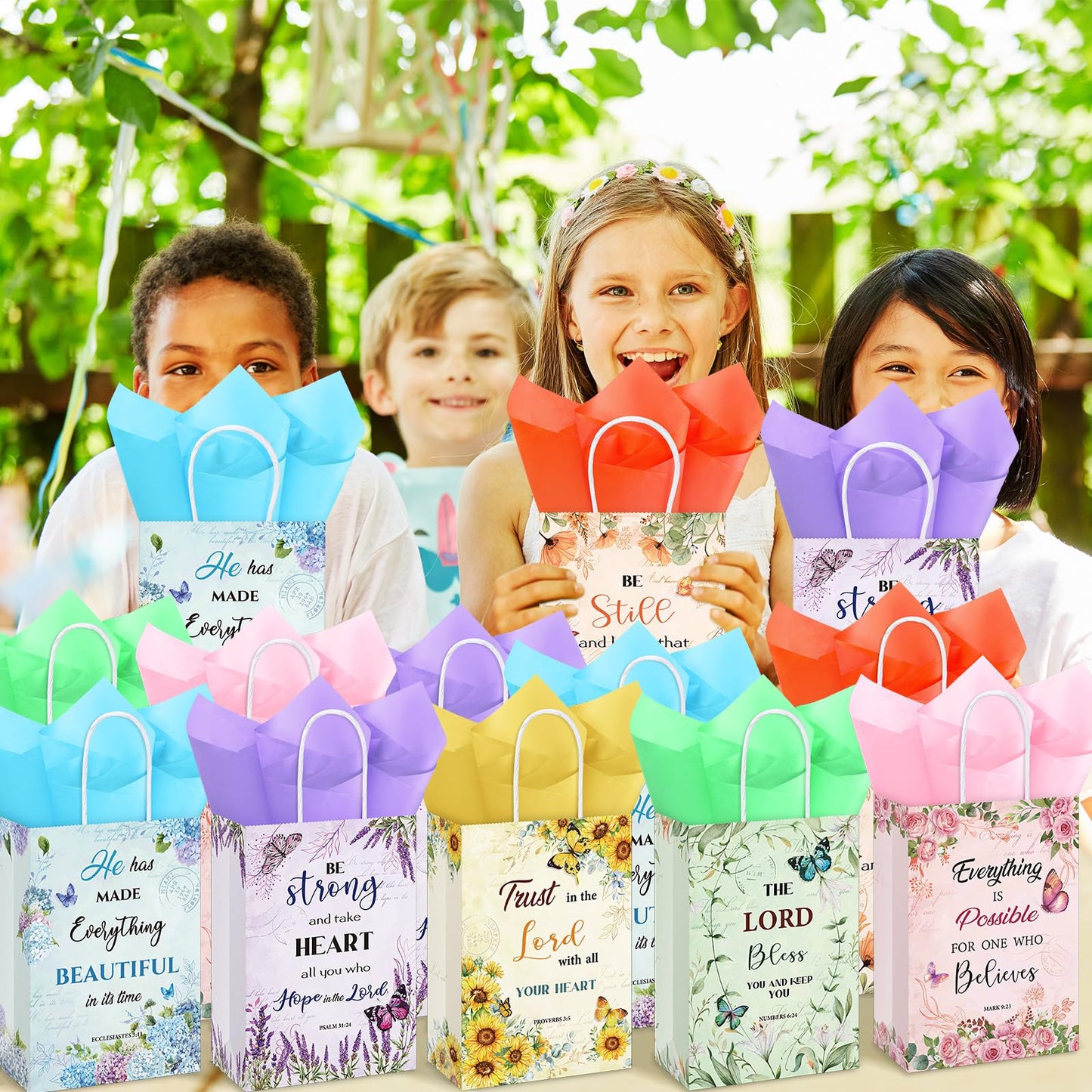 Pasimy 120 Pcs Christian Gift Bags Sets with 60 Religious Floral Bags and 60 Tissue Paper Floral Mother's Day Goody Bag Christian Bible Verse Gift Bag for Women Teacher Mother's Day Birthday Party