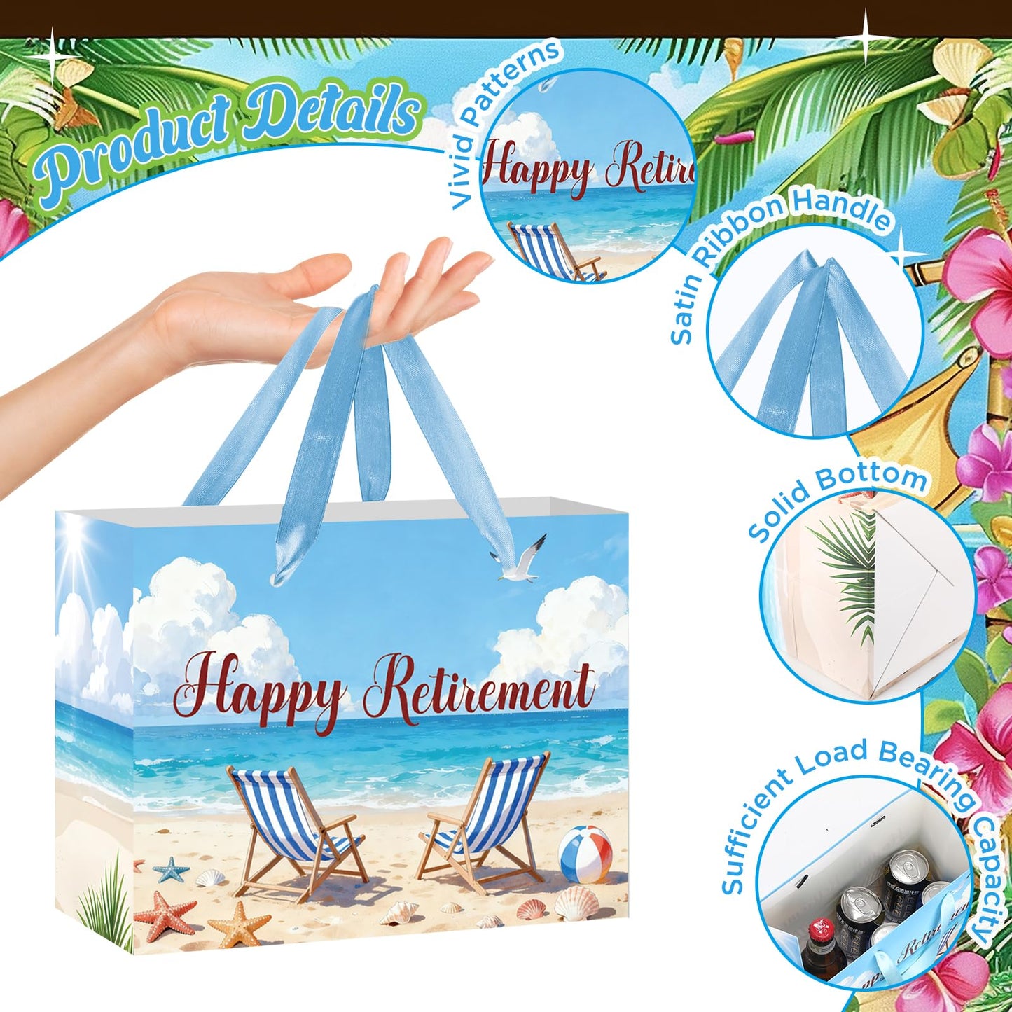 Happy Retirement Gift Bag Summer Hawaiian Beach Funny Retired Gift Bags with Card and Tissue Paper Seaside Vacation Theme Retirement Decor for Women Men Coworker Farewell Going Away Party Supplies