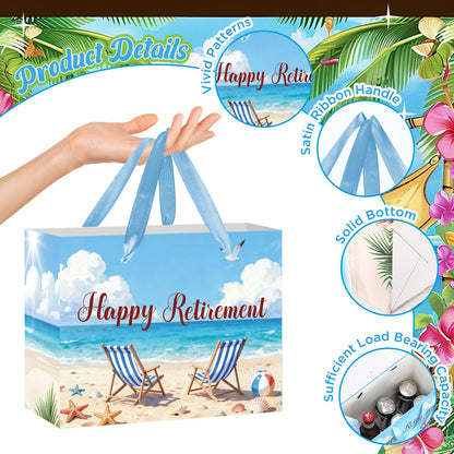 Happy Retirement Gift Bag Summer Hawaiian Beach Funny Retired Gift Bags with Card and Tissue Paper Seaside Vacation Theme Retirement Decor for Women Men Coworker Farewell Going Away Party Supplies