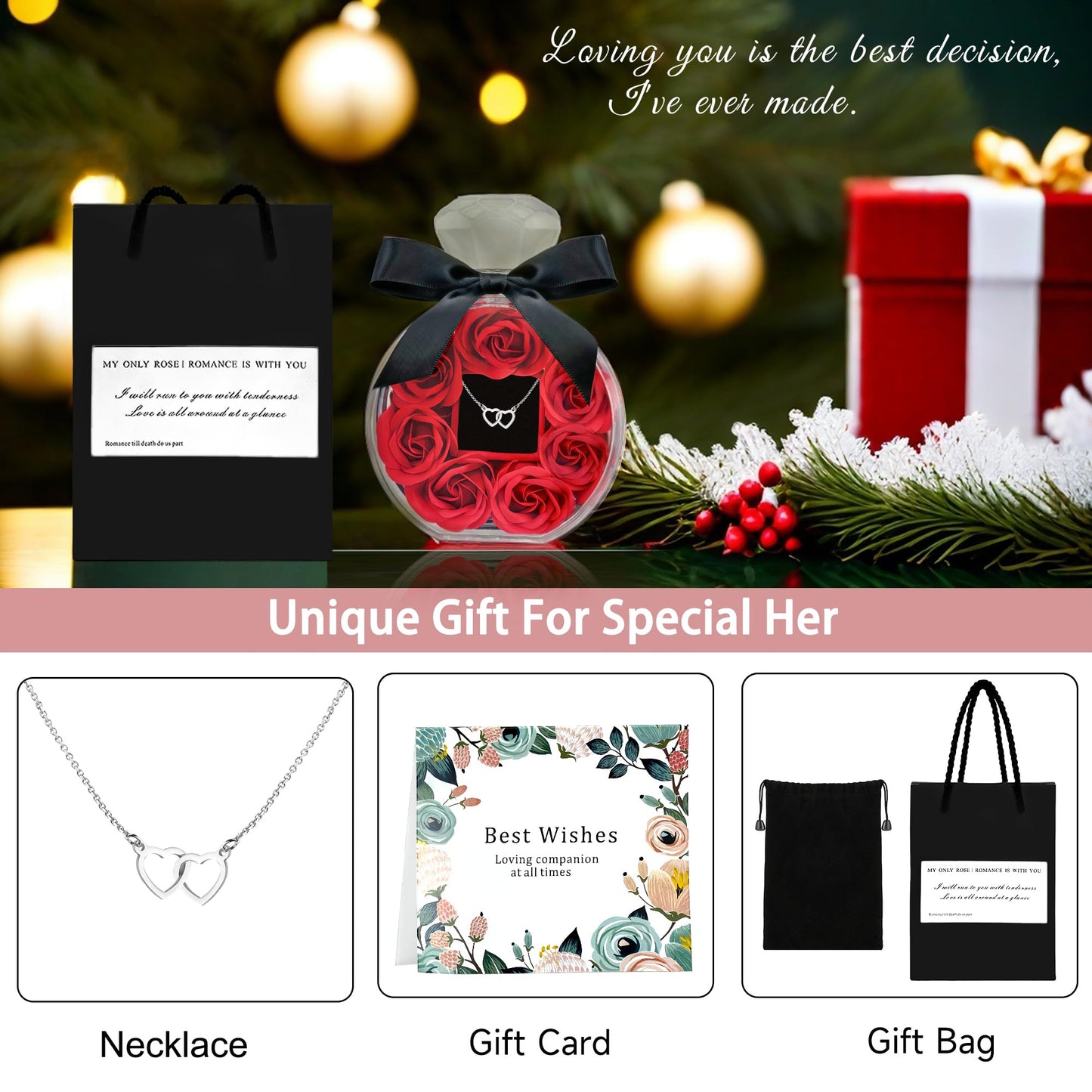 Rose Box with Necklace Artificial Preserved Flower Valentines Mothers Day for Girlfriend Mom Birthday Anniversary Personalized Romantic Gifts