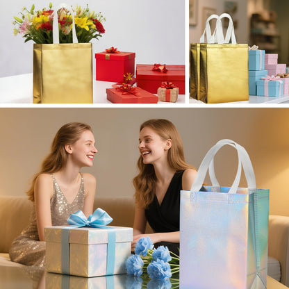 METAPRINT 15 Pcs Iridescent Glossy Gift Bags Medium Size, 8x4x10 Inch Holographic Reusable Gift Bags with Handles & Sturdy Base, Ideal for Birthday, Wedding