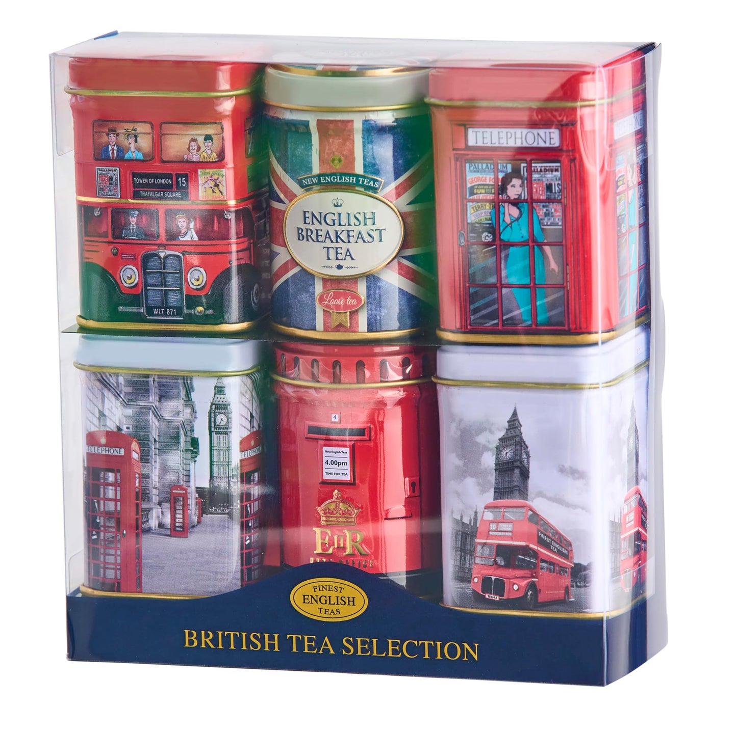 New English Teas British Icons 6x Tea Tin Gift Pack with 140g Loose English Tea - Union Jack, London Bus and Phone Box, UK Souvenir