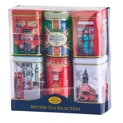 New English Teas British Icons 6x Tea Tin Gift Pack with 140g Loose English Tea - Union Jack, London Bus and Phone Box, UK Souvenir