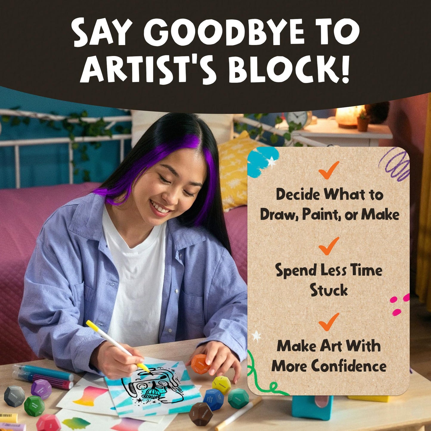 Art Dice – 12-Sided Wooden Dice with 120 Prompts to Help You Decide What to Draw or Paint – Creative Playbook with Games and Activities – Fun, Inspiring Gift for Artists of All Levels