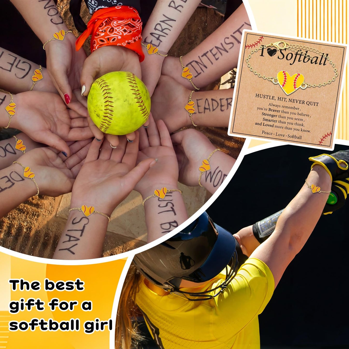 Landical 12 Set Softball Team Gift Bulk Gold Softball Heart Bracelets with Gift Card for Women Sport Lover Player Party Favor