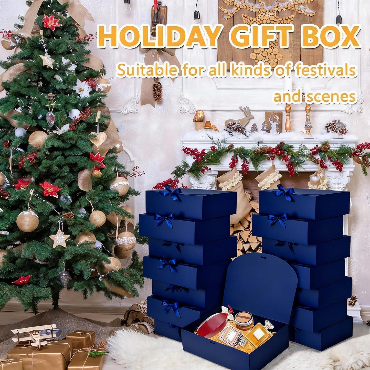15Pack Gift Boxes with Lids, 10.6x7.8x3.1 Inches Bridesmaid Proposal Box with Ribbon, Navy Gift Boxes for Presents,Kraft Paper Boxes for Wedding Christmas Birthday Baby Shower Party