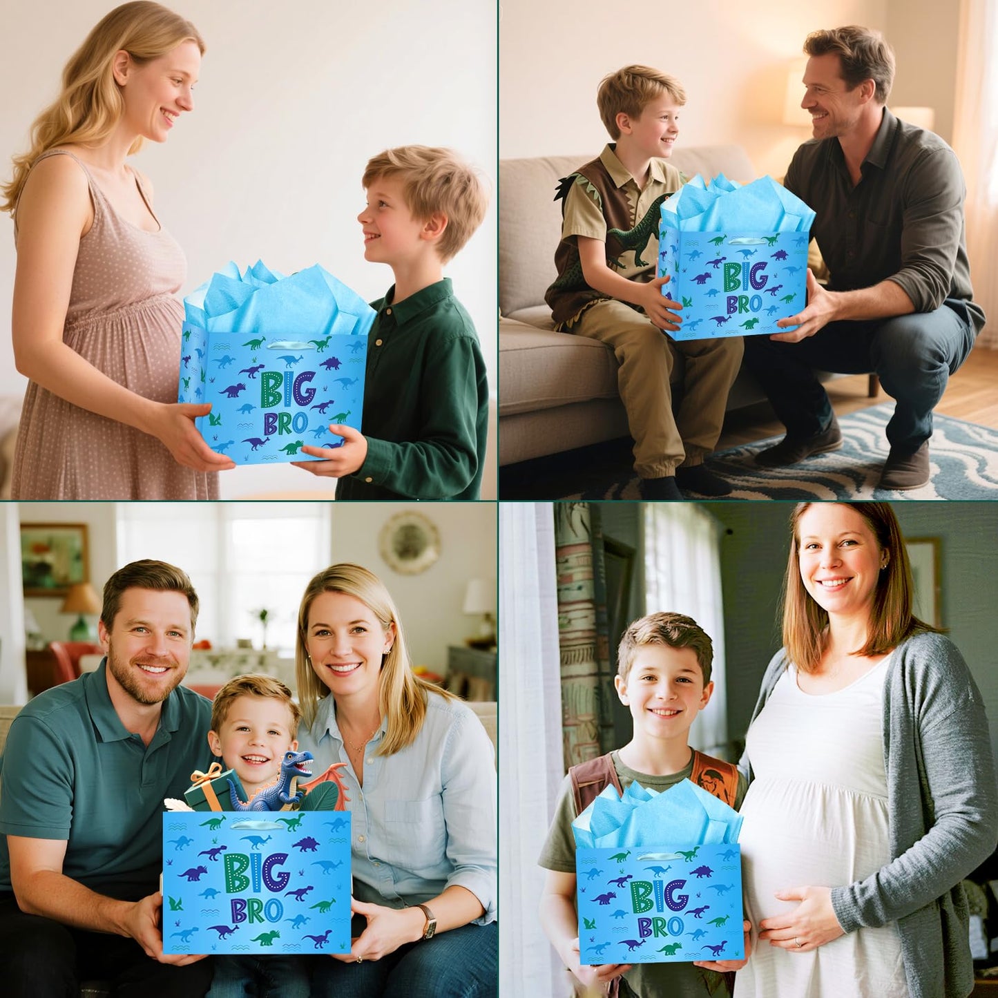 Big Brother Gift Bag for Boys, Cute Big Bro Gift Bag with Tissue Paper and Greeting Card Blue Wrapping Paper Cartoon Dinosaur New Brother Party Decoration for Little Boy Birthday Party Supplies