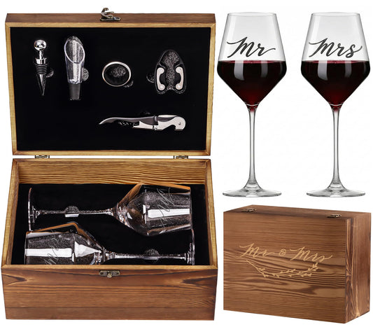 Wedding/Anniversary/Engagement/Bridal Shower and Bachelorette Gifts for Couples,Bride & Newlywed, Engraved Mr and Mrs Wine Glasses with 5-Piece Wine Accessory Kit