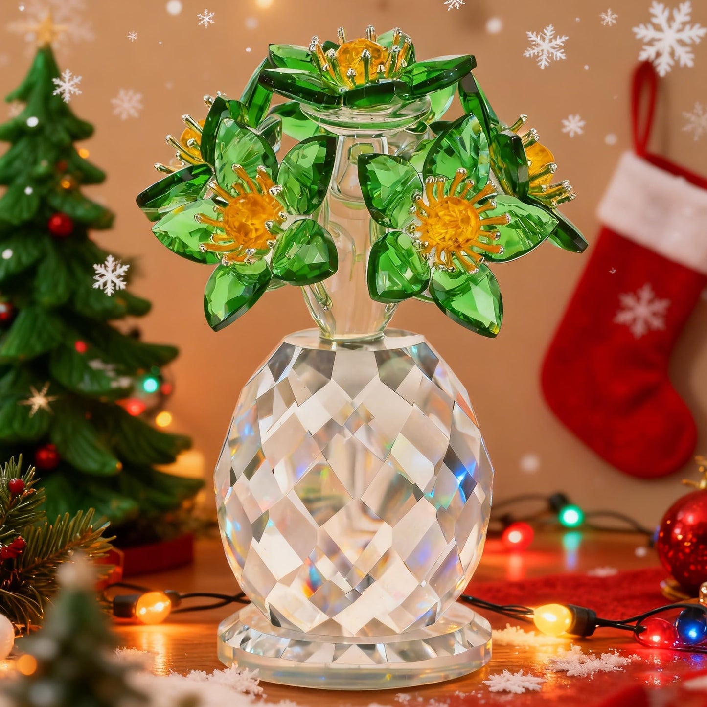 Handcrafted Crystal Flower Figurine 3.8in Tall Glass Flower Ornament Collectibles St. Patrick's Day Decor for Home Unique Gift for Women Mom Wife(Green)