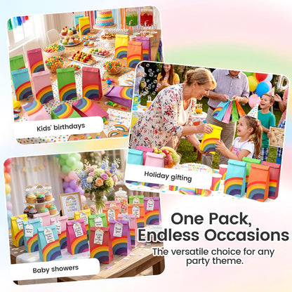 LovesTown 24 Pcs Rainbow Party Favor Bags with Stickers - 8.7"x4.7"x3.1" Colorful Goodie Treat Bags in 8 Vibrant Colors for Kids Birthday, Baby Shower, Wedding & Gift Packaging