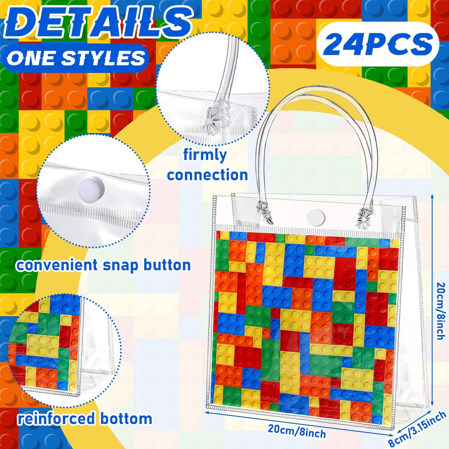 Teenyyou 24 Pcs Building Blocks Party Favors Bags Color Bricks PVC Clear Goodie Candy Treat Tote Gift Bags with Handles Building Blocks Theme Birthday Baby Shower Party Supplies