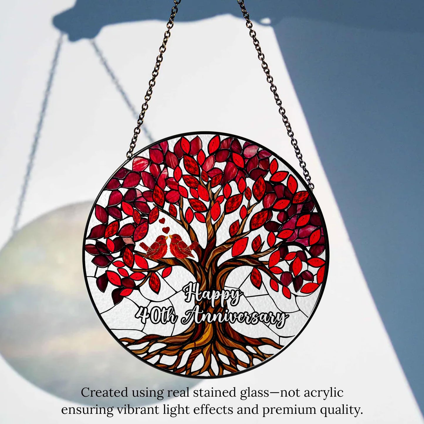 40th Wedding Anniversary Stained Glass Suncatcher, Ruby Anniversary Wedding Gifts, 6x6' Window Hanging for Couple, Wife, Husband, Parents – Unique 40th Anniversary Decorations Gifts