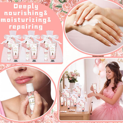 Leelosp 25 Set/100 Pcs Quinceanera Party Favor for Guest with Travel Size Hand Cream, Lip Balm, Card, Organza Bags Quinceanera Gift Set Sweet 15th Party Supply Birthday Souvenir (Pink)