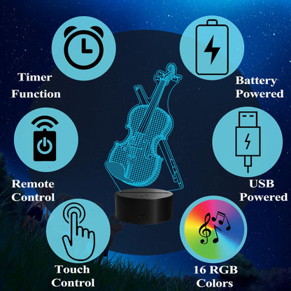 Violin Night Light, Violin Gifts, Cello 3D Illusion Lamp with Remote Control, 16 RGB Colors, 4 Flashing Modes, Timer, Dimmable, Kids Music Room Decor