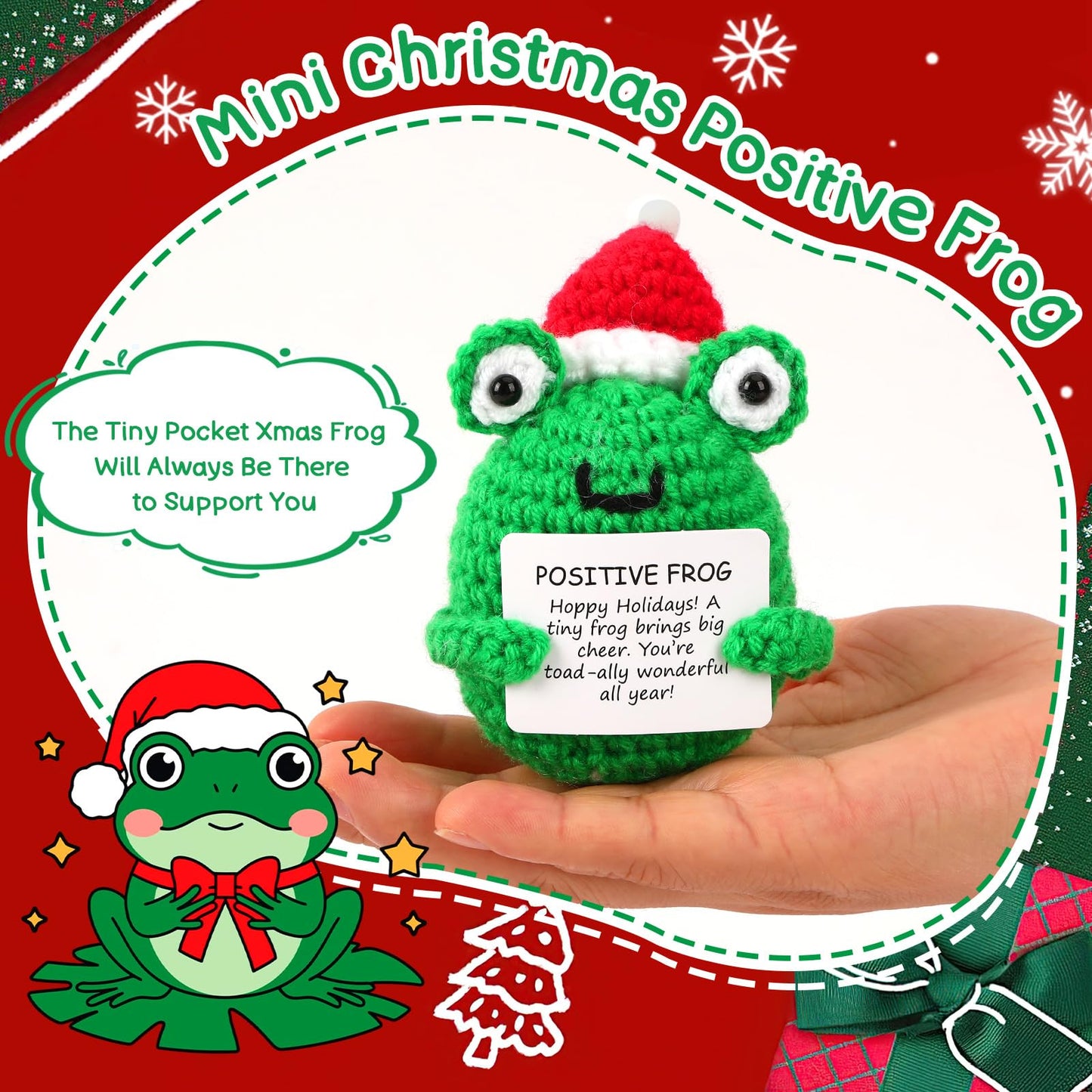 Mini Christmas Positive Frog Emotional Crochet Animals Knitted Doll with Positive Card for Coworkers Best Friend Encouragement Funny Gifts for Women Men Xmas Party Decor
