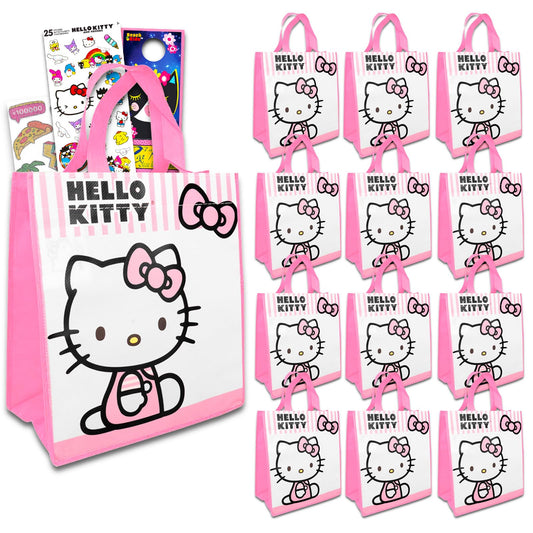Hello Kitty Mini Party Favor Bag Set - Bundle with 12 Reusable 8" Hello Kitty Totes, Tattoos, Stickers and More | Birthday Party Supplies