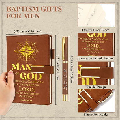 Fuyoooo 4 Pcs Pastors Appreciation Gifts Pastors Father's Day Christian Gifts Include Man of God Pastor Leather Journal Notebook Christian Pen Religious Compass with Gift Box for Church
