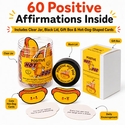 KATINAT Positive Hot Dog Jar, 60 Funny Affirmation Cards, Emotional Support Hot Dogs, Foodie Gifts for Friends, Teens, Funny Gifts for Women, Cowokers, Office, Hot Dog Decorations