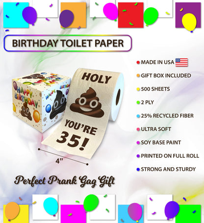 Printed TP Holy You're 35 Birthday Toilet Paper Gift - 35th Bday Party Funny Birthday Gift Joke Toilet Paper Prank, Novelty Unique Birthday Presents for Men, Women, Family, Friends - 500 Sheets