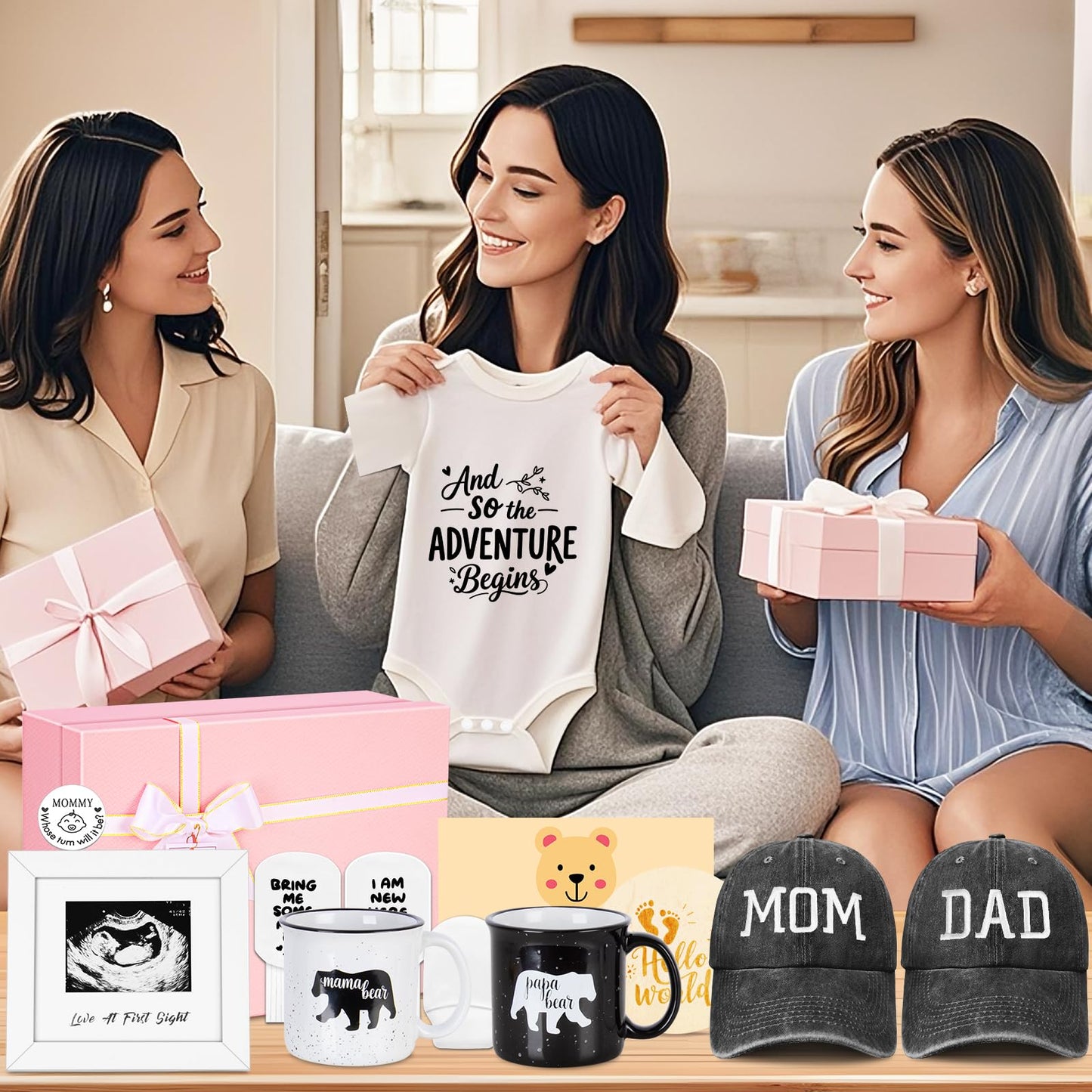 New Parents Gifts for Couples, First Time Mom & Dad Baby Gift Basket with Decision Coin, Ultrasound Frame, Caps, Gender Reveal Present, Expecting Parents, Pregnancy Announcement, Congrats