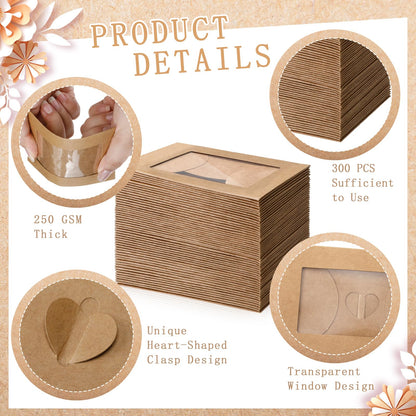 Uiifan 300 Pcs Window Gift Card Envelopes 4 x 2.8 Inch Gift Card Sleeves Mini Envelopes with Heart Shaped Clasp for Business Party Greeting Invitation(Brown)