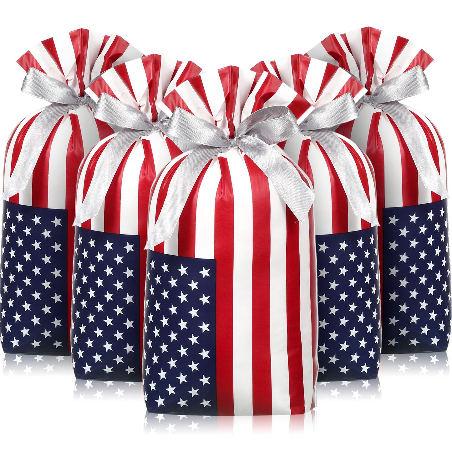 Clysee 100 Pcs Patriotic Gift Bags Bulk with Drawstring 4th of July Plastic American Flag Treat Goodie Bags USA Red Blue and White Candy Pouches Independence Day Patriotic Party Favors Supplies