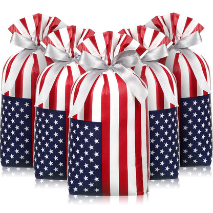 Clysee 100 Pcs Patriotic Gift Bags Bulk with Drawstring 4th of July Plastic American Flag Treat Goodie Bags USA Red Blue and White Candy Pouches Independence Day Patriotic Party Favors Supplies