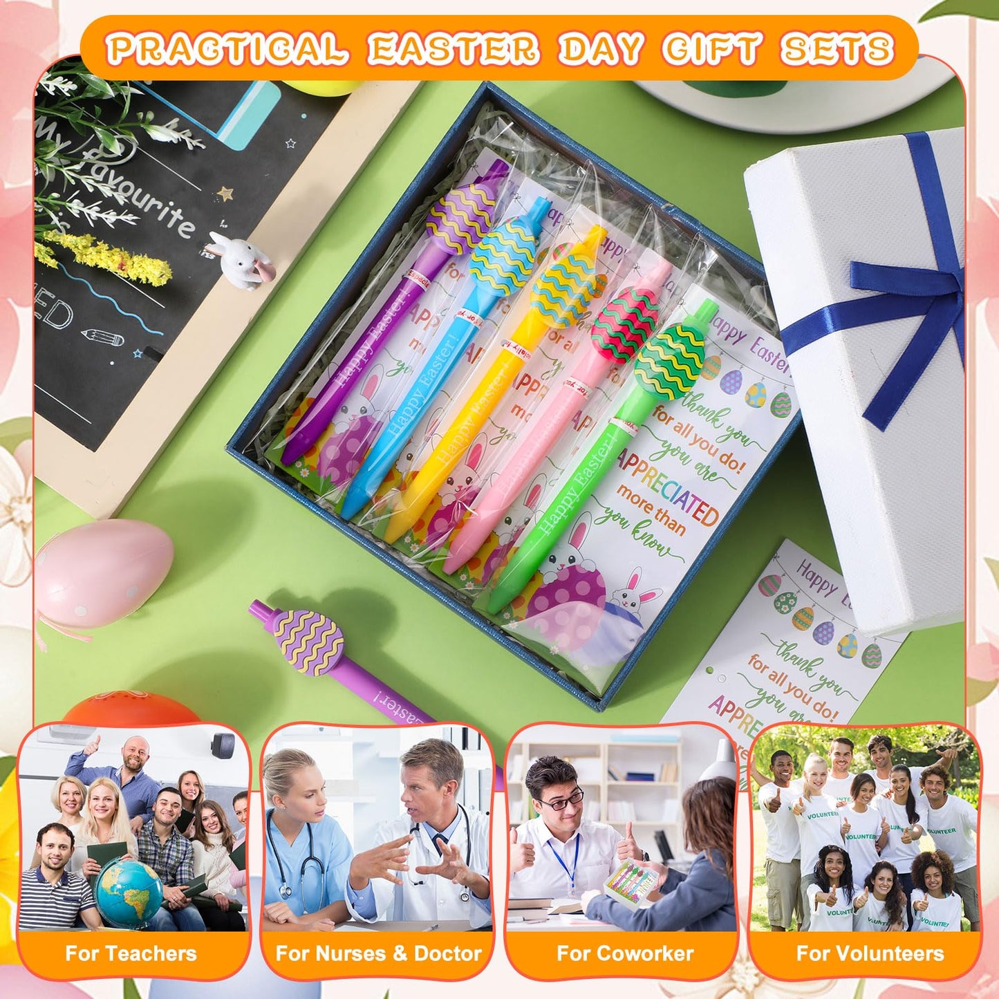 Gersoniel 50 Sets Easter Gifts Bulk Easter Appreciation Gifts for Coworker Happy Ballpoint Pen Thank You Greeting Cards and Ties for Office(Easter Eggs)