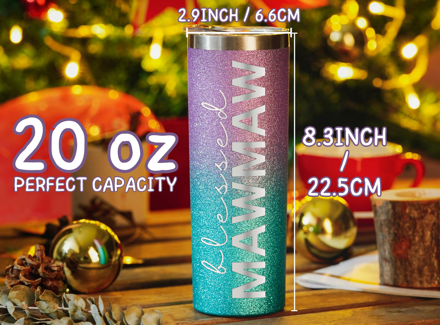 Onebttl Mawmaw Gifts for Grandma's Mother's Day, 20oz Purple & Blue Glitter Skinny Tumbler, Straw & Lid Included, Christian Gifts for Blessed Mawmaw