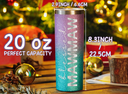 Onebttl Mawmaw Gifts for Grandma's Mother's Day, 20oz Purple & Blue Glitter Skinny Tumbler, Straw & Lid Included, Christian Gifts for Blessed Mawmaw