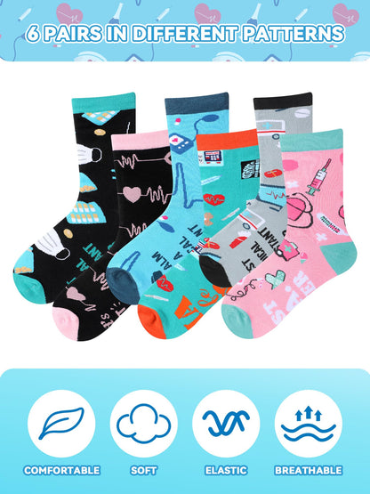 6 Pairs Medical Assistant Socks for Women Men Novelty MA Crew Socks Nurse Week MA Appreciation Gifts for Medical Assistant Healthcare Workers