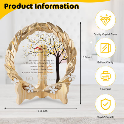 60th Anniversary Wedding Gifts Crystal Plate with Gold Leaf Wreath - 60 Years Anniversary Wedding Unique Gifts Ideas for Parents Couple - Cardinal Style