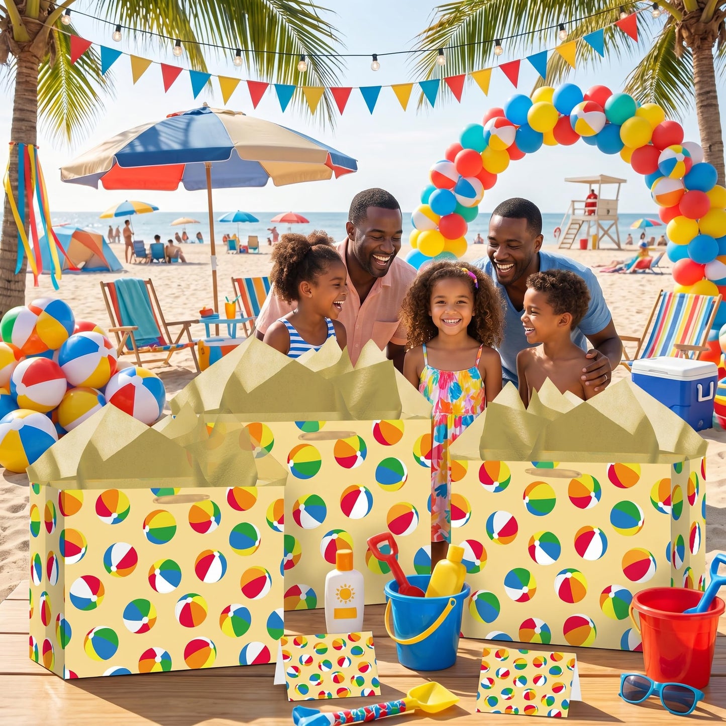 Woosytoo Beach Ball Gift Bag with Tissue Paper and Card - Colorful Summer Pool Party Gift Wrapping Bag - Hawaiian Luau Theme Birthday Present Sack for Kids Boys Girls Women Men