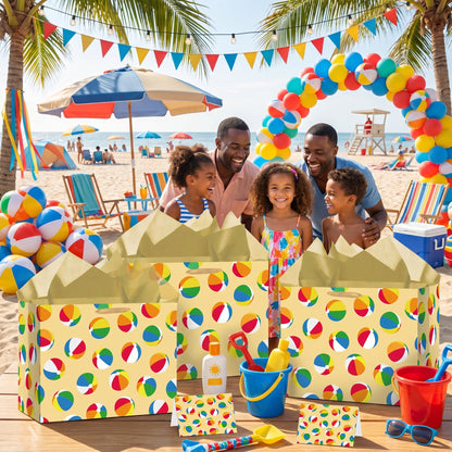 Woosytoo Beach Ball Gift Bag with Tissue Paper and Card - Colorful Summer Pool Party Gift Wrapping Bag - Hawaiian Luau Theme Birthday Present Sack for Kids Boys Girls Women Men