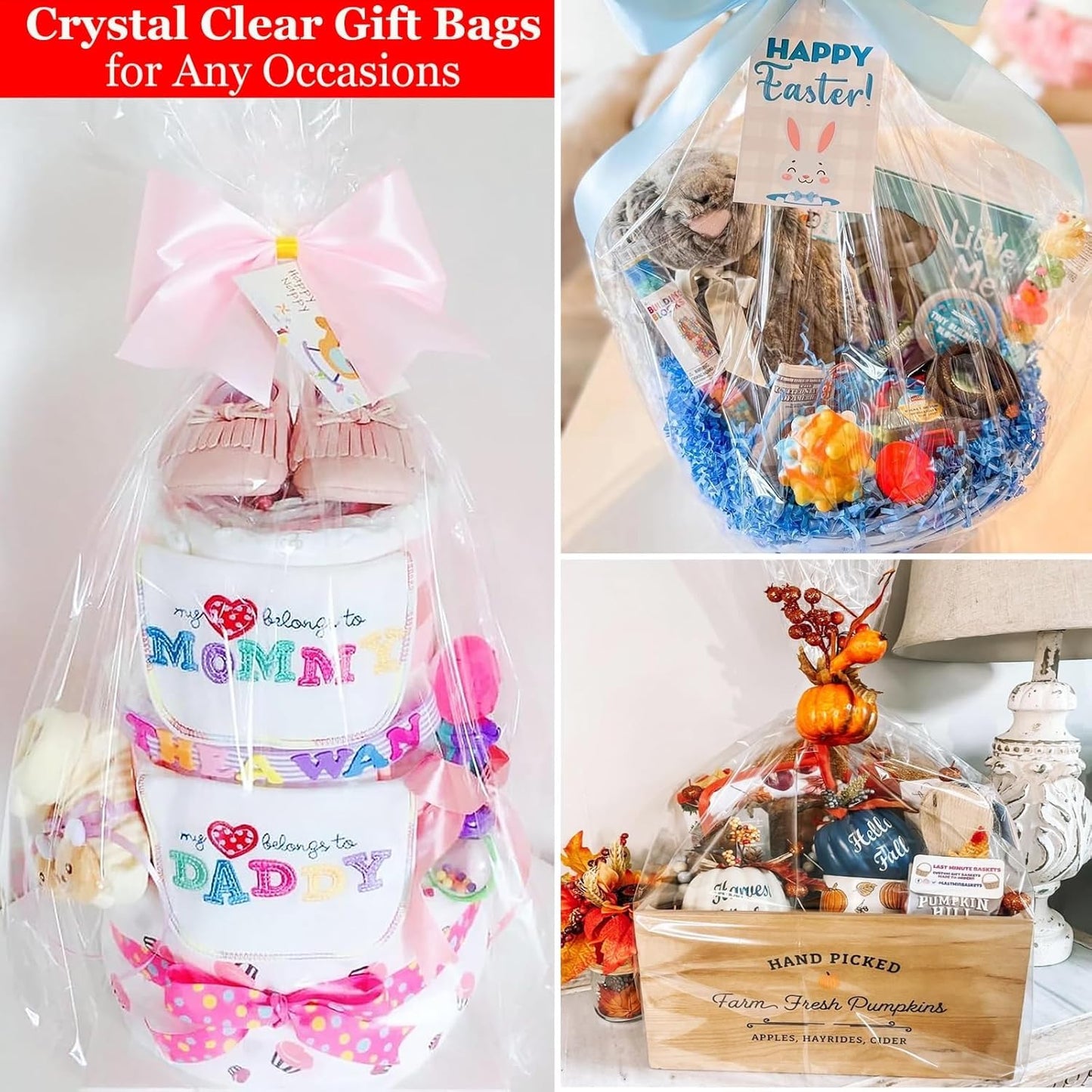 SYOGUA 10 Pack Extra Large Cellophane Bags, 40 x 55 inch, 3 Mil Thicker Clear Gift Bags for Baskets Wrapping Plastic, Jumbo Huge Clear Cellophane Wrap Gift Basket Bag